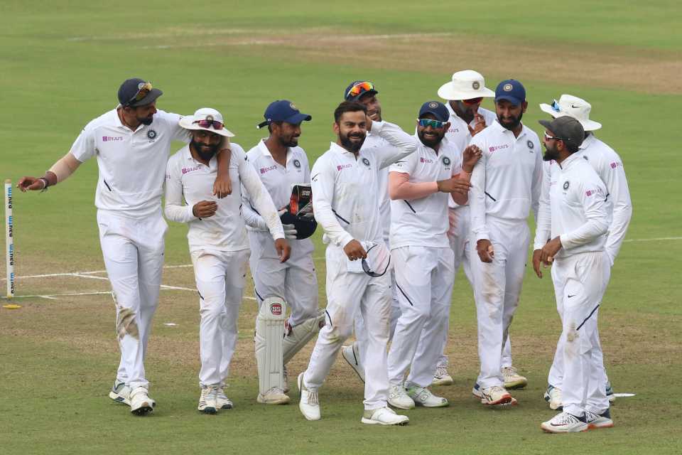 India's players celebrate their innings victory,  India v South Africa, 2nd Test, Pune, 4th day, October 13, 2019