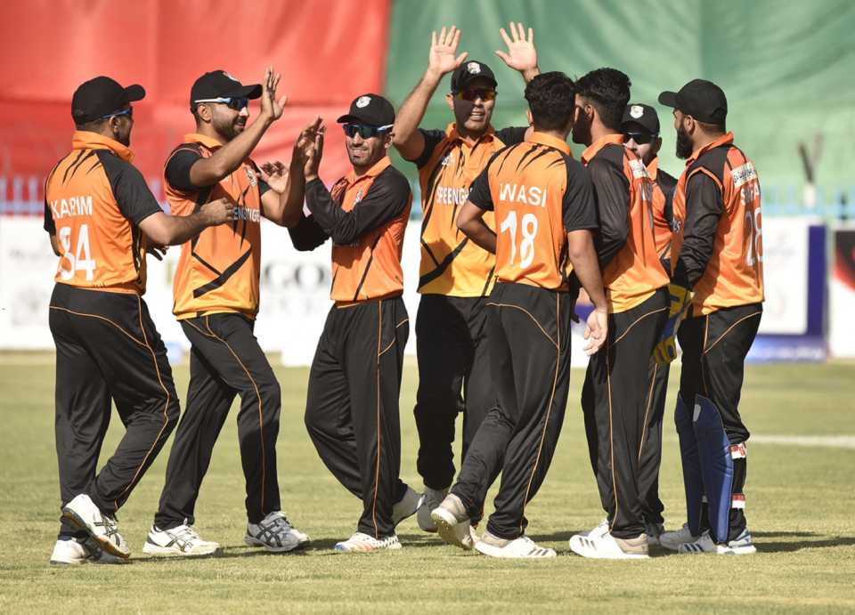 The Speen Ghar Tigers players celebrate a wicket, Boost Defenders v Speen Ghar Tigers, Shpageeza Cricket League 2019, Kabul, October 13, 2019