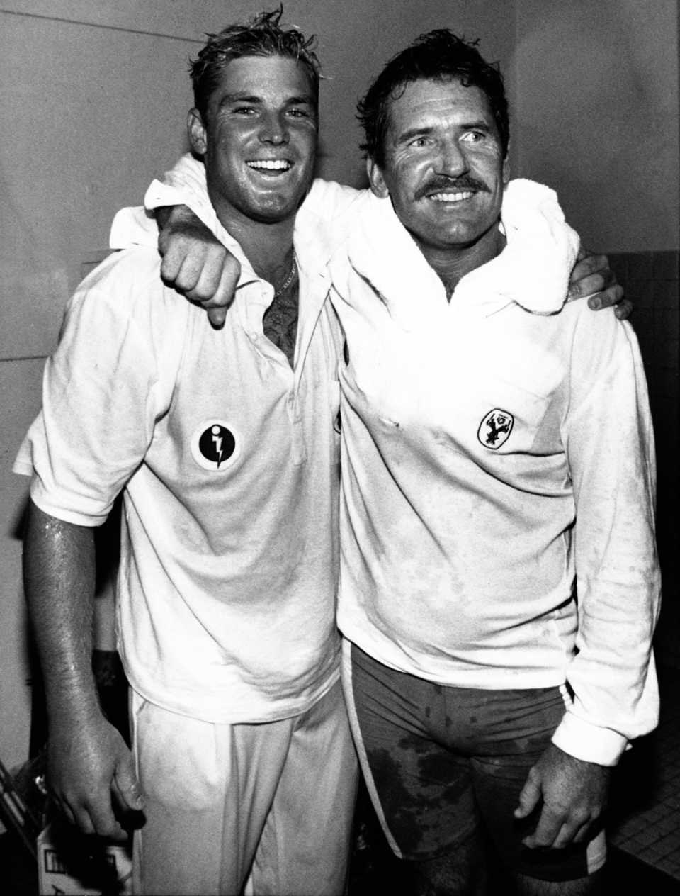 Shane Warne and Allan Border celebrate Australia's win, Australia v West Indies, 2nd Test, Melbourne, 5th day, December 30, 1992