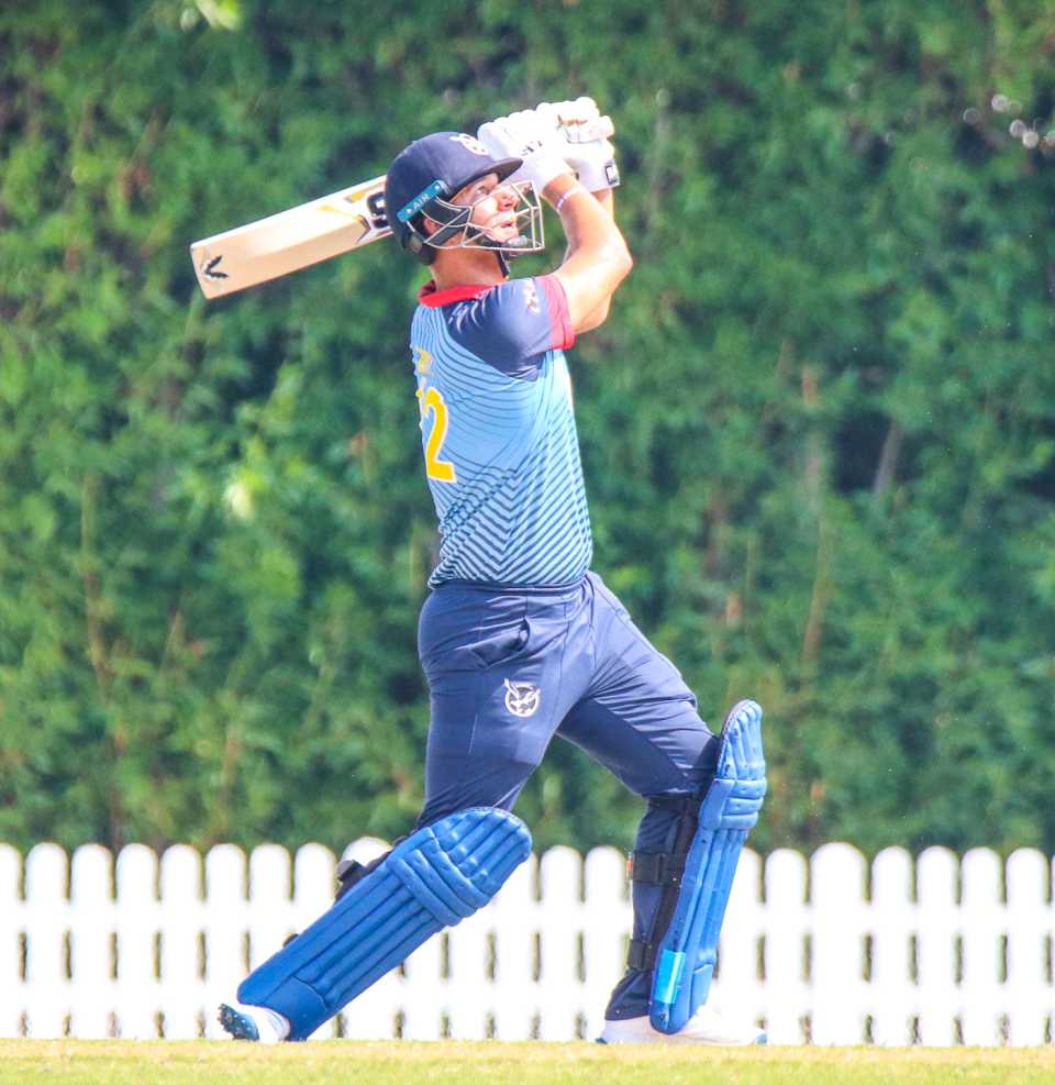 JJ Smit drives straight over the sightscreen for six, Namibia v Scotland, ICC Men's T20 World Cup Qualifier, Dubai, October 22, 2019