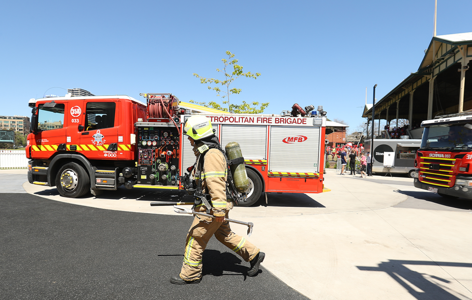 The fire brigade arrive at Junction Oval