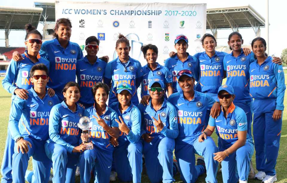 India women pose with the trophy after winning the third and final ODI, West Indies women v India women, 3rd ODI, North Sound, Antigua, November 6, 2019