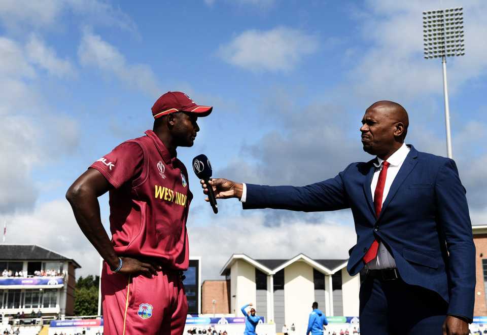 Jason Holder talks to commentator Ian Bishop at the toss, Sri Lanka v West Indies, World Cup 2019, Chester-le-Street, July 1, 2019