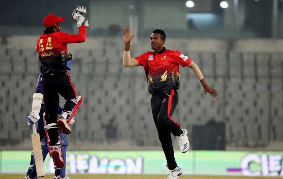 Al-Amin Hossain celebrates a wicket, Comilla Warriors v Rangpur Rangers, Bangladesh Premier League, Dhaka, December 11, 2019