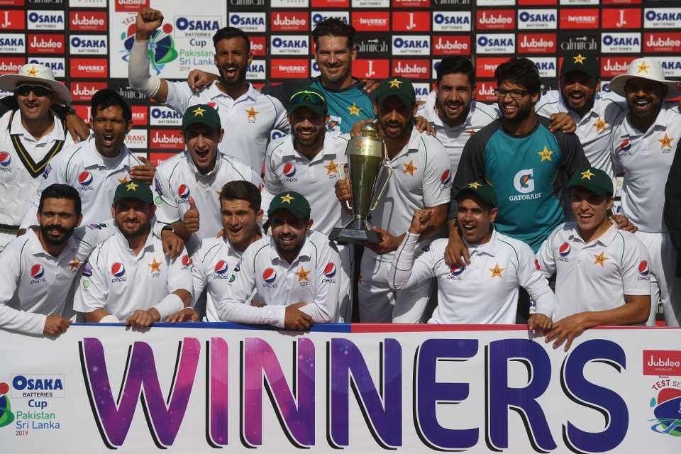 Pakistan players pose with the trophy, Pakistan v Sri Lanka, 2nd Test, Karachi, Day 5, December 23, 2019