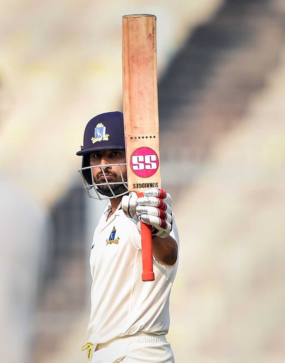 Shreevats Goswami raises his bat after reaching a hundred, Ranji Trophy 2019-20, January 27, 2020