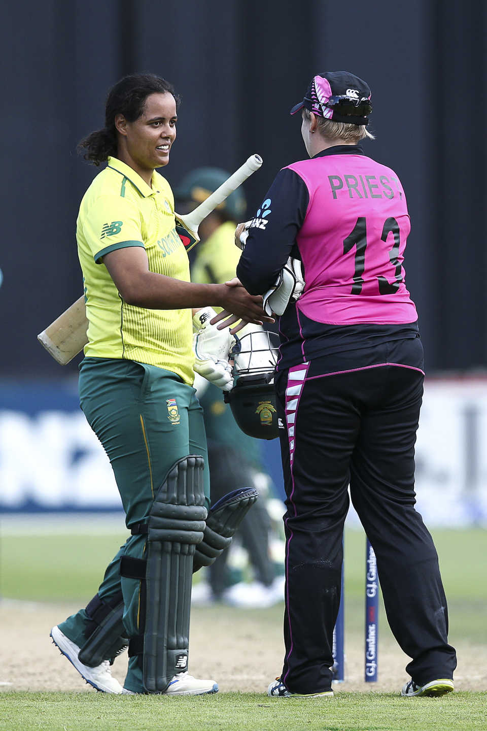 Rachel Priest congratulates Chloe Tryon for her match-winning innings, New Zealand women v South Africa women, 3rd T20I, Wellington, February 9, 2020