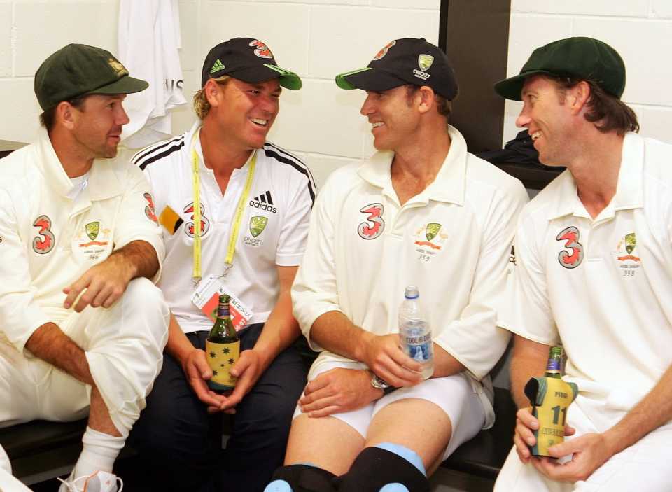 Ricky Ponting, Shane Warne, Matthew Hayden and Glenn McGrath celebrate in the changing rooms