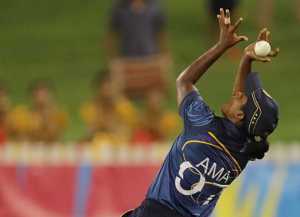 Ama Kanchana drops a chance off Sophie Devine on a poor night for Sri Lanka's fielding