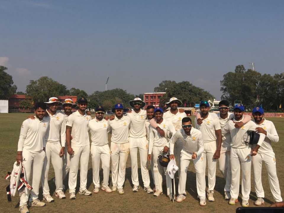 The Karnataka players pose after their quarter-final win against Jammu and Kashmir, Jammu & Kashmir v Karnataka, Ranji Trophy, Jammu, 5th day, February 24, 2020