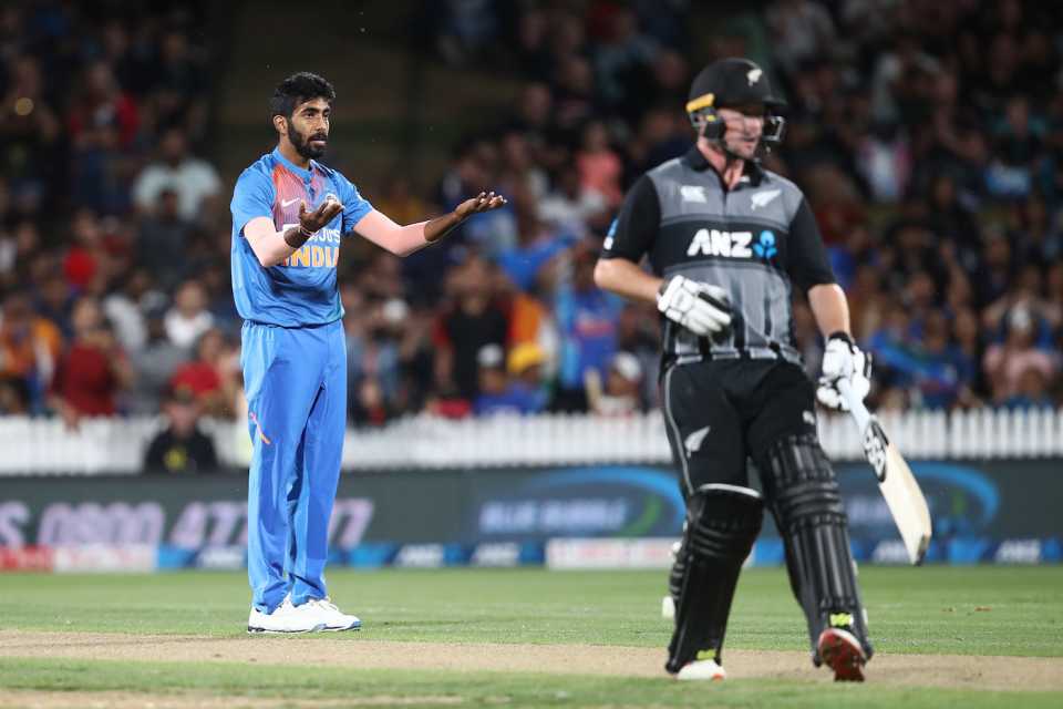 Jasprit Bumrah reacts after a misfield, third T20I, New Zealand v India, Seddon Park, Hamilton, New Zealand, January 29, 2020 in 