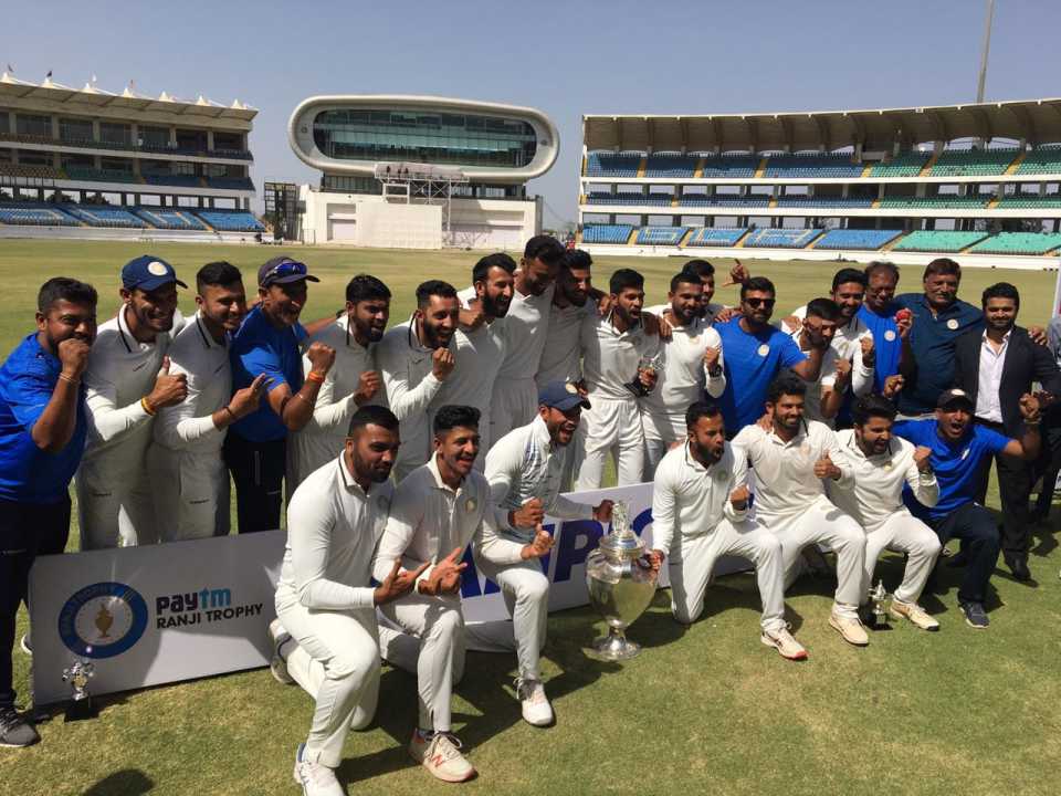 The Saurashtra players pose with the Ranji Trophy, Saurashtra v Bengal, final, Ranji Trophy 2019-20, 5th day, Rajkot, March 13, 2020