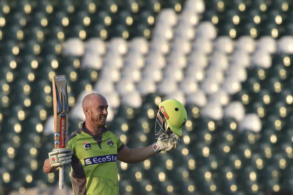 Chris Lynn celebrates his century, Lahore Qalandars v Multan Sultans, PSL 2020, Lahore, March 15, 2020