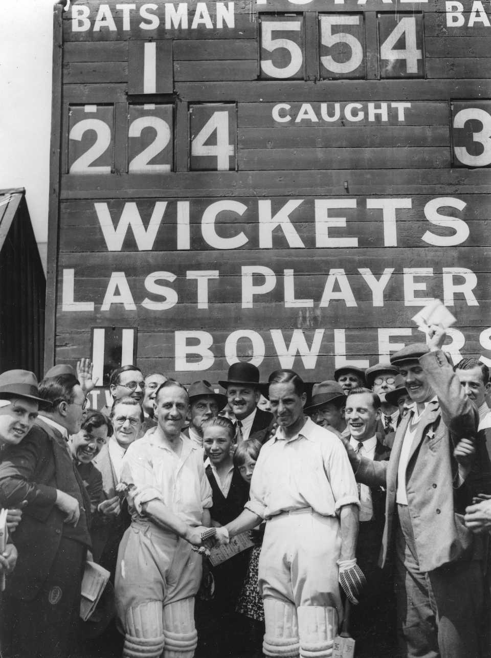 Crowds surround the scorebox just before Percy Holmes and Herbert Sutcliffe's  555 first-wicket stand, Essex v Yorkshire, Leyton, June 16, 1932