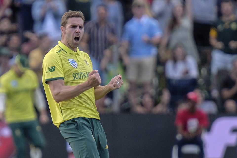 Anrich Nortje celebrates a wicket
