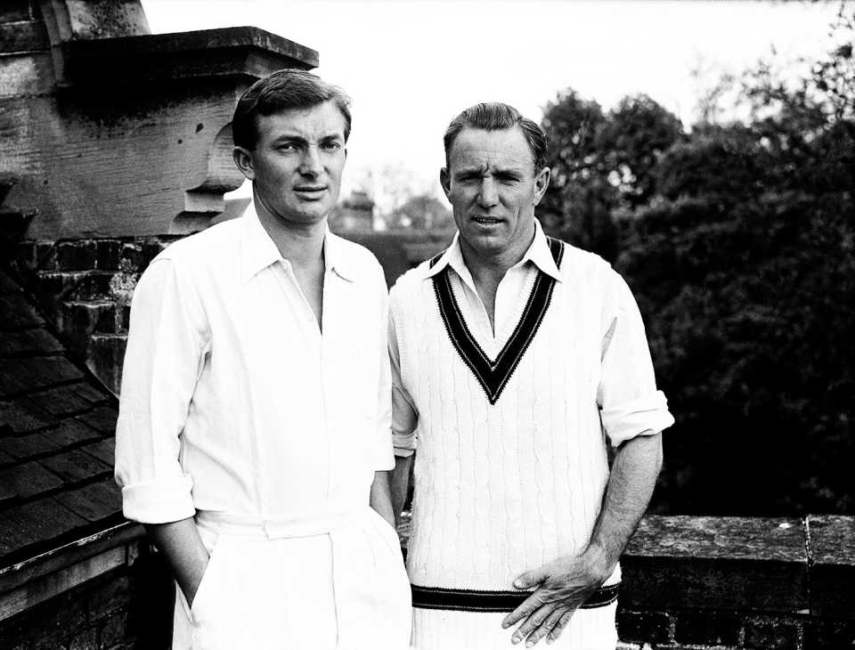 Richie Benaud and Ray Lindwall at the MCC tour game, MCC v Australians, Lord's May 26, 1956