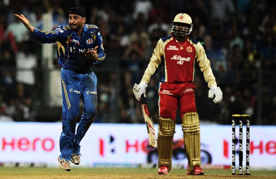 Harbhajan Singh appeals unsuccessfully for Chris Gayle's wicket, Mumbai Indians v Royal Challengers Bangalore, Mumbai, IPL, May 9, 2012 
