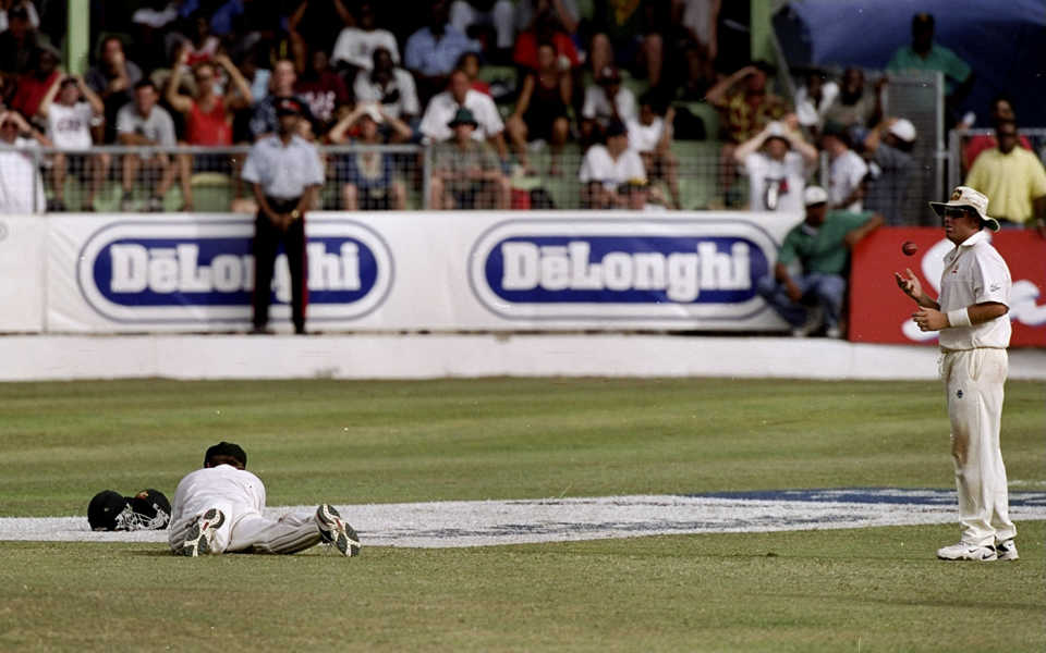 In and out - Ian Healy puts down Brian Lara during the climactic stages of the 1999 Barbados Test, West Indies v Australia, 3rd Test, Barbados, 5th day, March 30, 1999