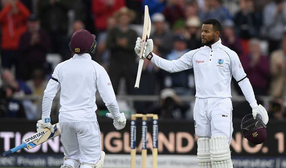 Shai Hope celebrates his second hundred of the match, England v West Indies, 2nd Investec Test, Headingley, 5th day, August 29, 2017