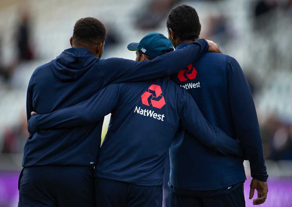 Chris Jordan, Adil Rashid and Jofra Archer before the start of the match, England v Pakistan, 4th ODI, Trent Bridge, May 17, 2019