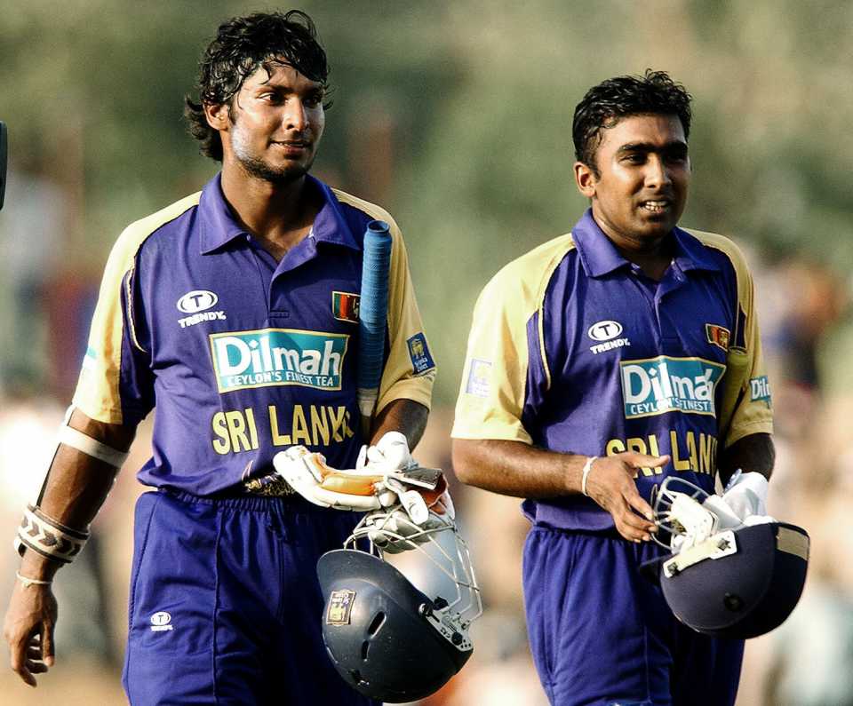 Kumar Sangakkara and Mahela Jayawardene walk back to the pavilion after winning the game, Sri Lanka v South Africa, 4th ODI, Dambulla, August 28, 2004