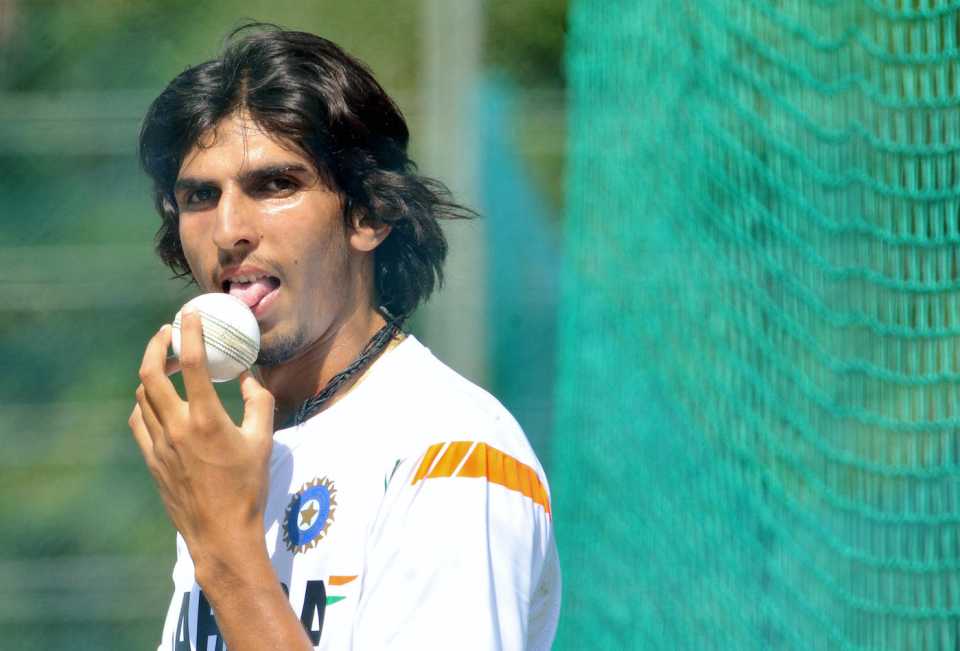 Ishant Sharma licks the ball during a training session 