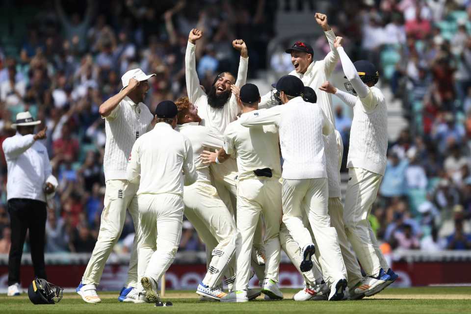 Moeen Ali celebrates after completing his hat trick, 3rd Test, England v South Africa, The Oval, July 31, 2017