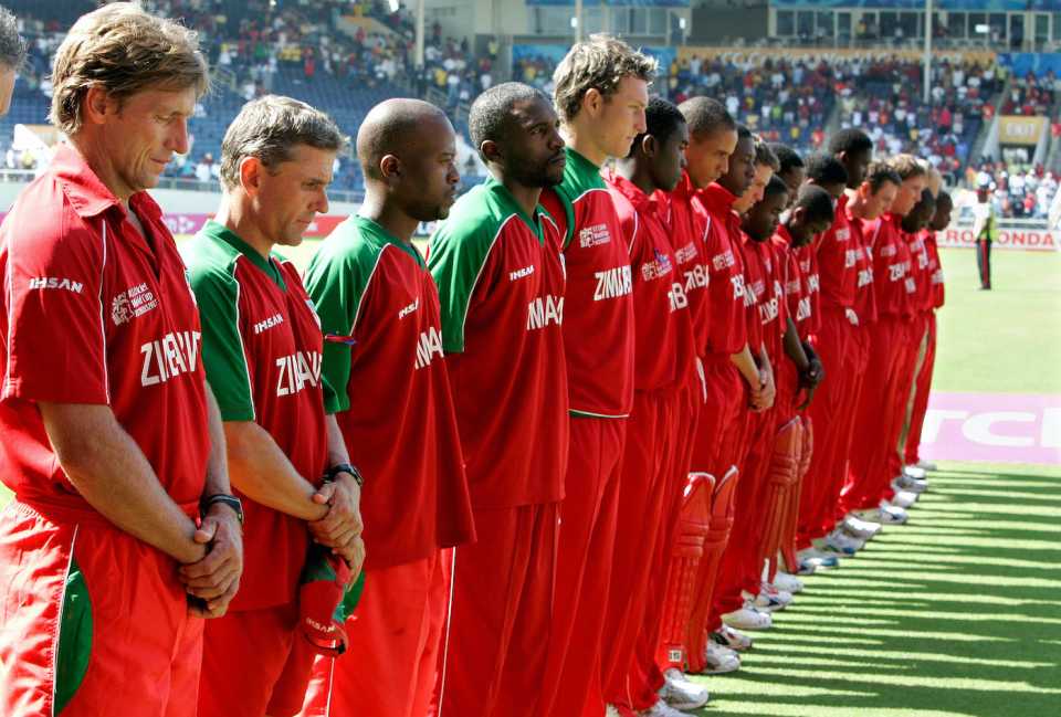 Zimbabwe players observe two minutes' silence before the start of the match, West Indies v Zimbabwe, group stage, 2007 World Cup, Sabina Park, Jamaica, March 19, 2007