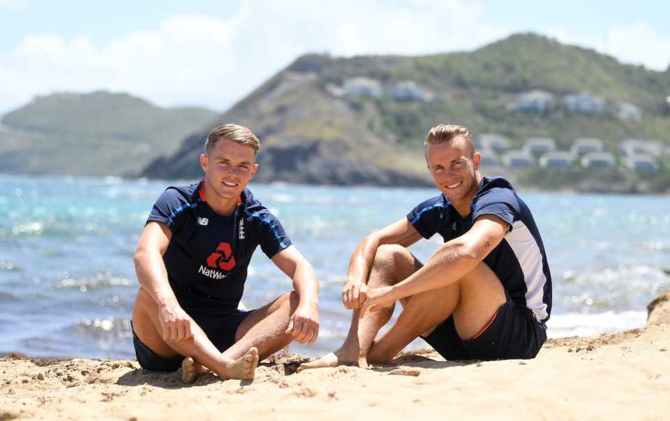 Sam and Tom Curran pose for a portrait on the beach, Basseterre, St Kitts, Saint Kitts And Nevis, March 07, 2019