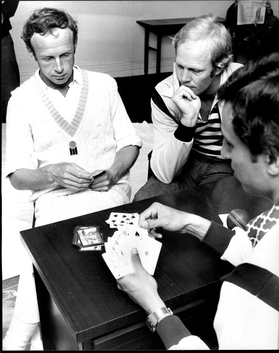 Derek Underwood, Tony Greig and Derek Randall play cards in the dressing room