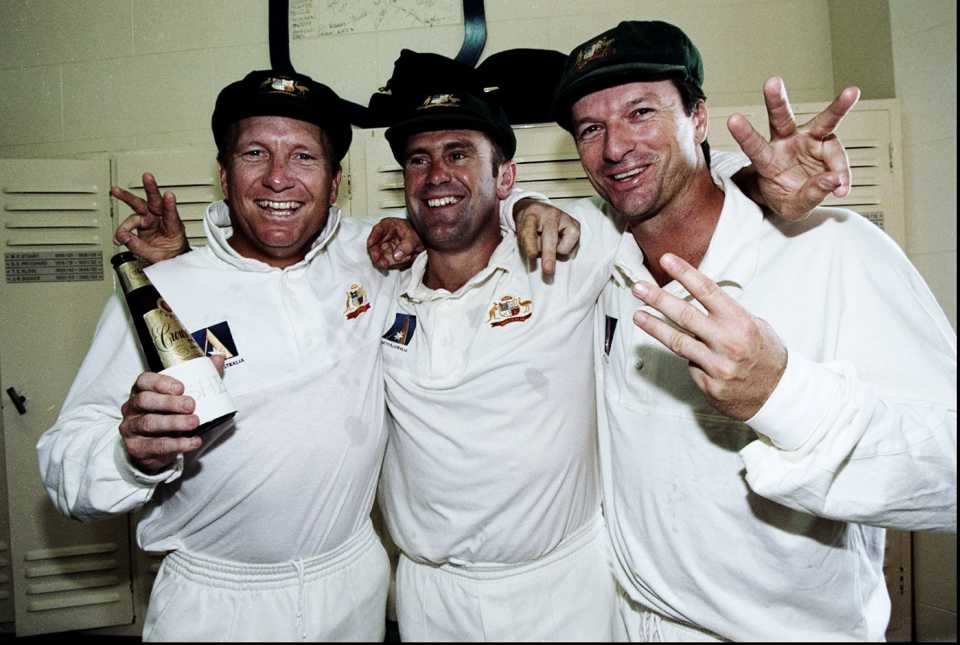 Ian Healy, Mark Taylor and Steve Waugh celebrate the win, Australia v England, 3rd Test, Adelaide, 5th day, December 15, 1998