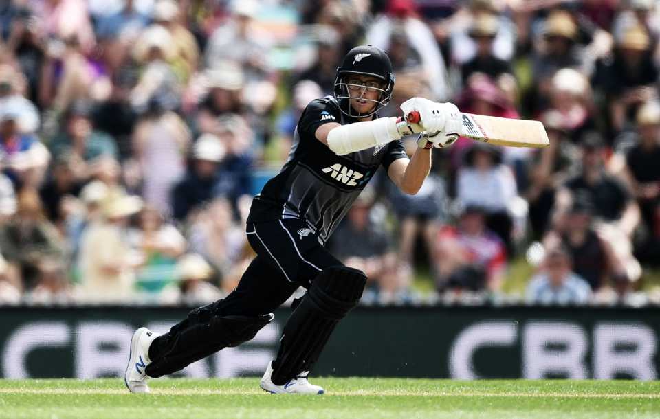 Mitchell Santner plays a shot, New Zealand v England, 3rd T20I, Nelson, November 5, 2019