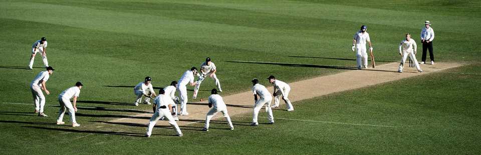 Matt Prior is surrounded by the New Zealand fielders as he blocks a ball from Kane Williamson, New Zealand v England, 3rd Test, Auckland, 5th day, March 26, 2013
