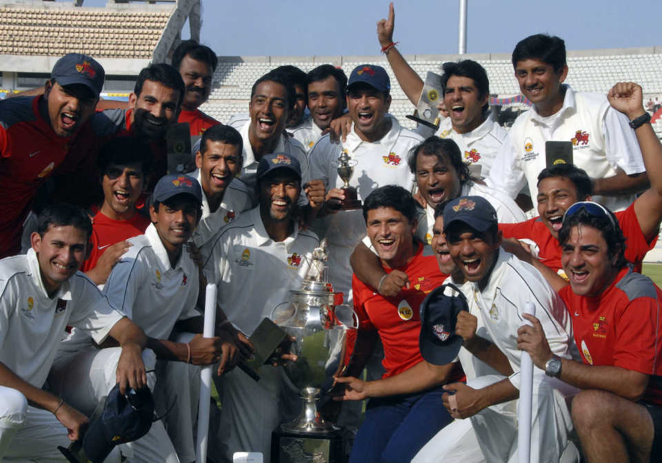 Mumbai pose for a photograph after winning the Ranji Trophy for the 38th time