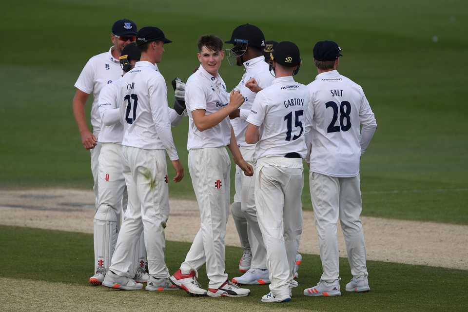 Teenage spinner Jack Carson celebrates a wicket, Sussex v Hampshire, Day 3, Bob Willis Trophy, Hove, August 3, 2020