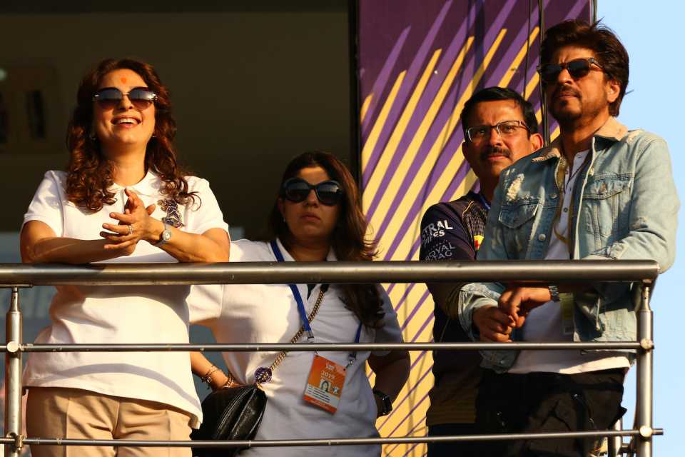 Kolkata Knight Riders co-owners Juhi Chawla and Shah Rukh Khan watch from the stands