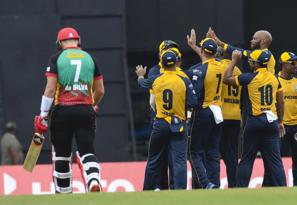 Roston Chase is congratulated after dismissing Joshua Da Silva, St Lucia Zouks v St Kitts and Nevis Patriots, CPL 2020, Brian Lara Stadium, August 22, 2020