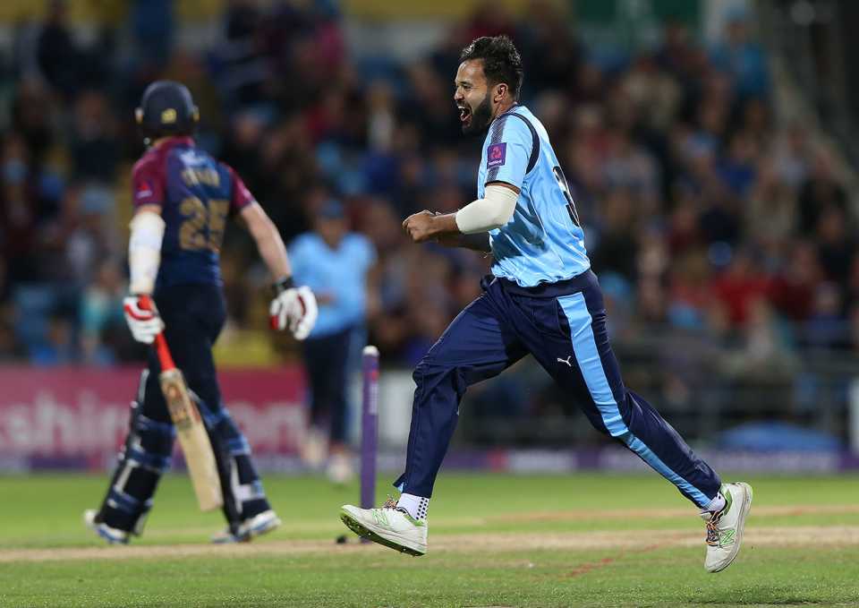 Azeem Rafiq celebrates a wicket during his Yorkshire days