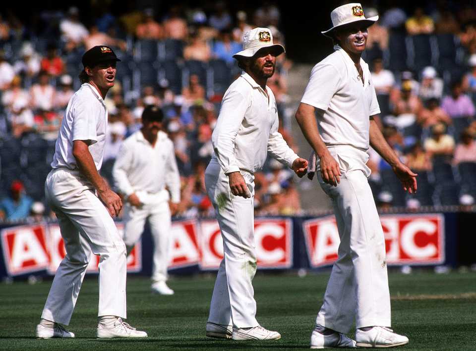 Dean Jones, Allan Border and Terry Alderman in the slip cordon, Australia v West Indies, 3rd Test, Melbourne, 2nd day, December 26, 1988
