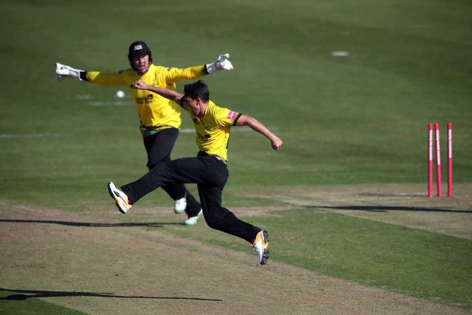 Benny Howell leaps in triumph after another wicket for Gloucestershire, Gloucs v Northants, Vitality Blast, quarter-final, Bristol, October 1, 2020