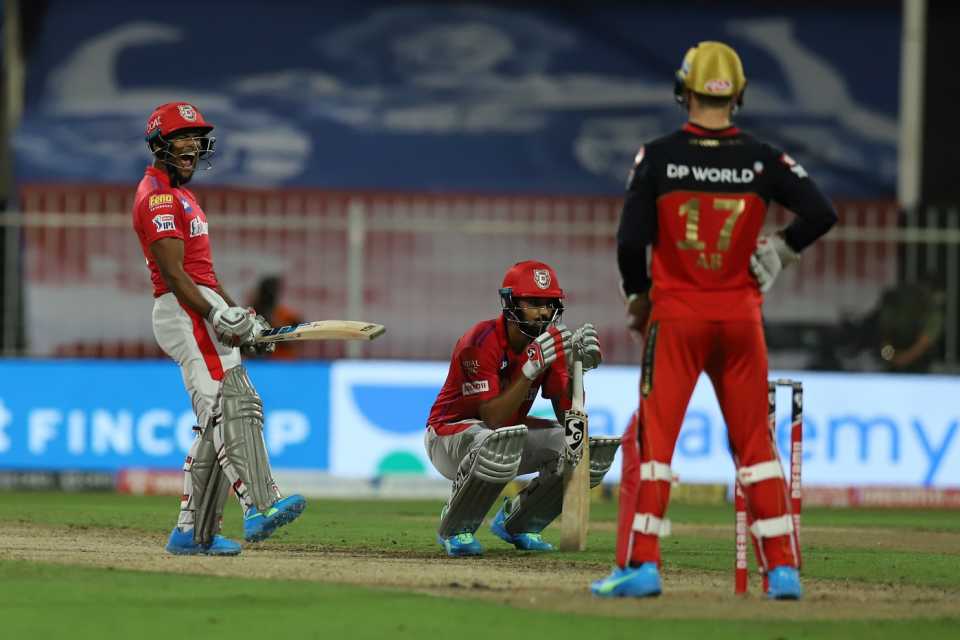 Nicholas Pooran is exultant, while the pressure is almost too much to bear for KL Rahul, Royal Challengers Bangalore vs Kings XI Punjab, IPL 2020, Sharjah, October 15, 2020