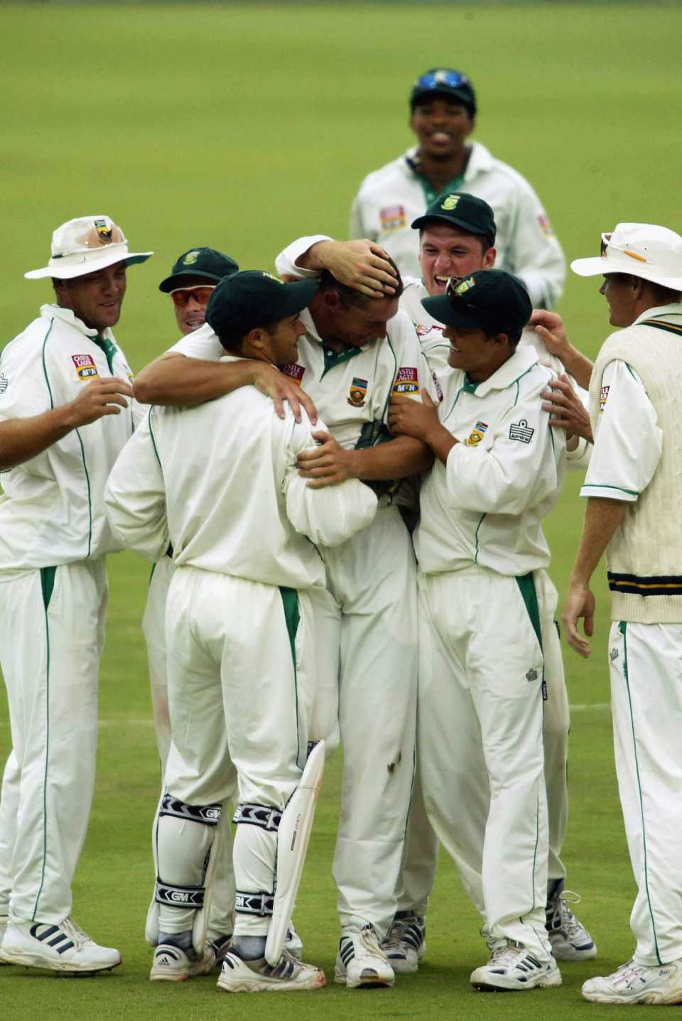 Team-mates celebrate Andre Nel's wicket of Brian Lara, third day, fourth test, South Africa vs West Indies, Supersport Park, Centurion, South Africa, January 18, 2004,