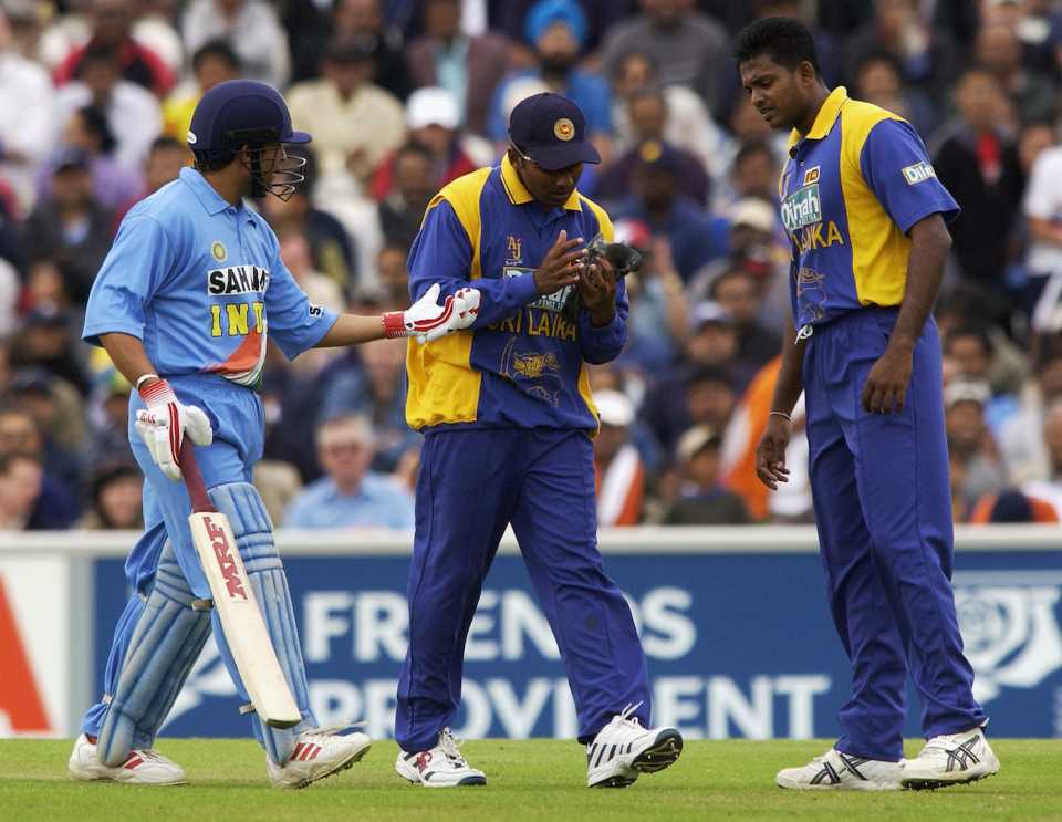 Sachin Tendulkar checks on a pigeon he struck, India v Sri Lanka, NatWest Series, The Oval,  June 30, 2002