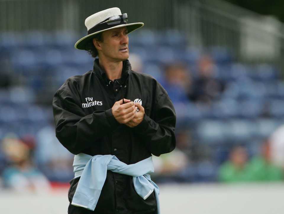 Billy Bowden watches play, only ODI, India vs Ireland, Civil Service Cricket Club, Stormont, Belfast, June 23, 2007