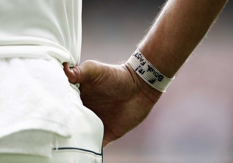 Mitchell Starc has a reminder to "bowl fast" taped to his wrist