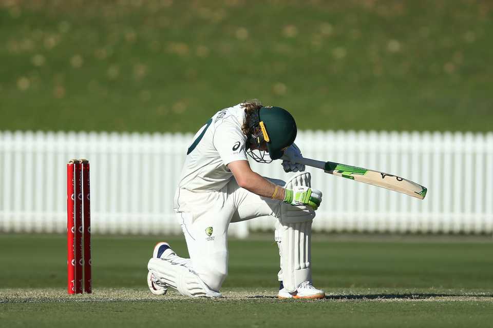 Will Pucovski ducks into a short ball from Kartik Tyagi and gets hit on the helmet