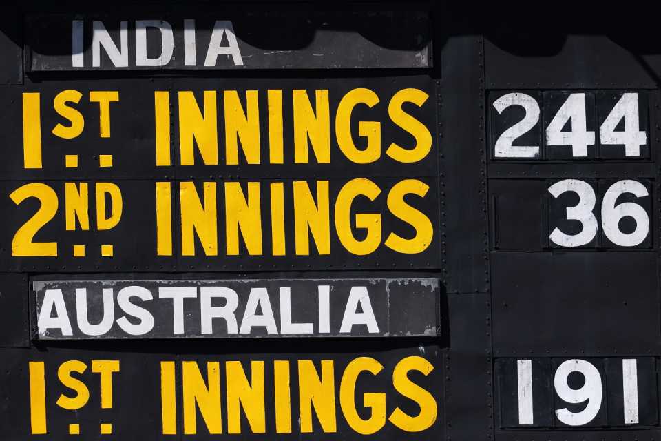 The old manual scoreboard at Adelaide Oval records India's 36 all out, Australia vs India, 1st Test, Adelaide, 3rd day, December 19, 2020  