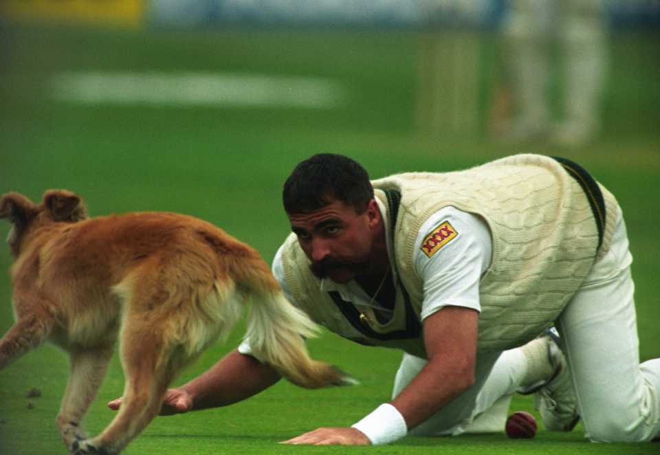 Merv Hughes gets onto all fours to catch a stray dog which wandered onto the pitch