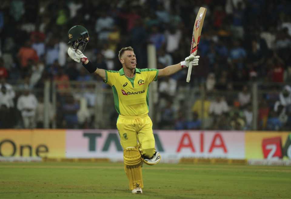 David Warner sticks his tongue out to celebrate a century, India v Australia, 1st ODI, Mumbai, January 14, 2020