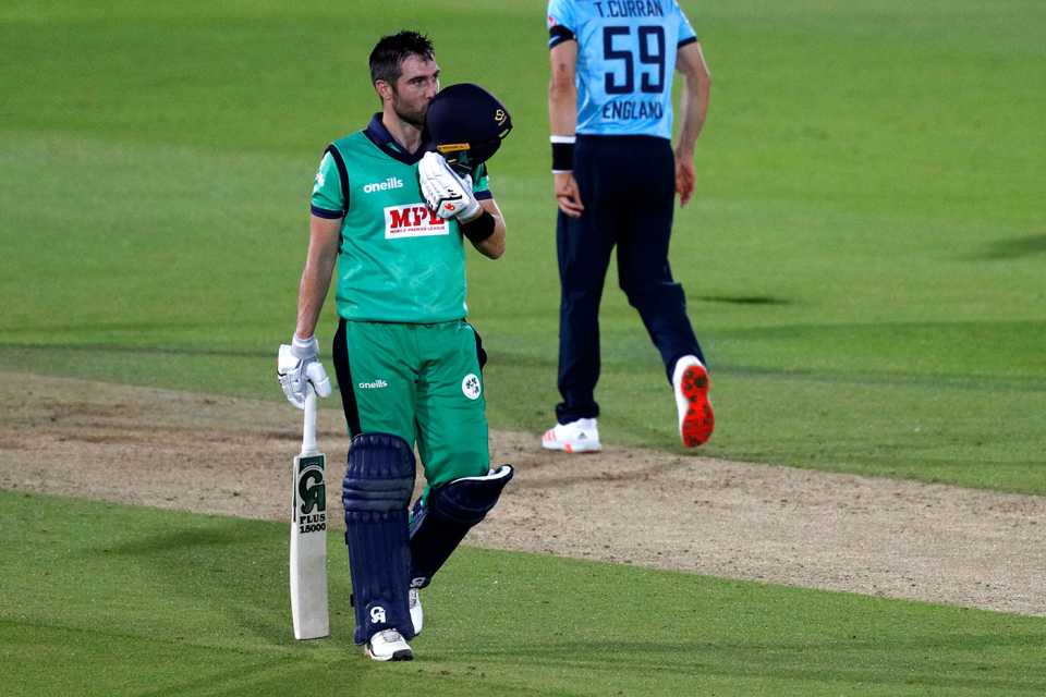 Andy Balbirnie kisses the badge on his helmet after reaching a ton, England v Ireland, 3rd ODI, Ageas Bowl, August 4, 2020